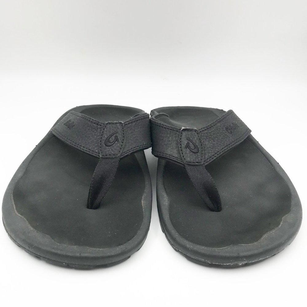 OLUKAI Black Leather Flip Flop Thong Sandals Mens 8 Womens 11 Beach Vacation - Picture 2 of 10